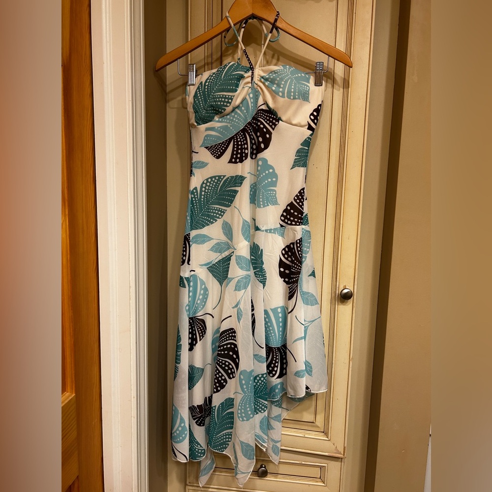 Halter top flowy dress - blue, teal, and brown tropical leaves. asymmetrical.